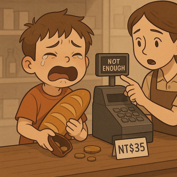 一個孩子因為帶不夠錢不能買麵包而哭泣